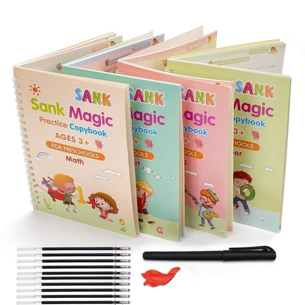 Sank Magic Reusable Tracing & Calligraphy Copybook Kit for Preschoolers (4 Books + Pen + 10 Refills)