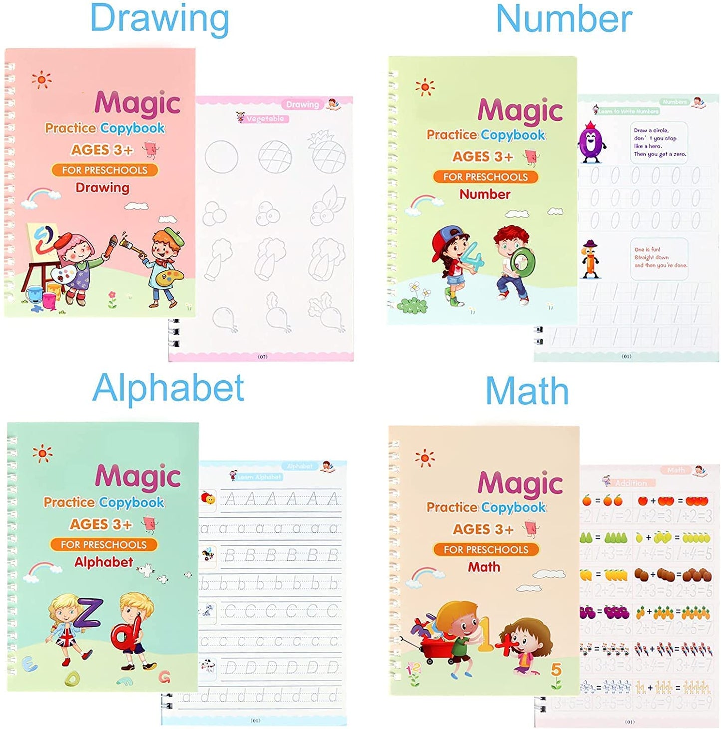 Sank Magic Reusable Tracing & Calligraphy Copybook Kit for Preschoolers (4 Books + Pen + 10 Refills)