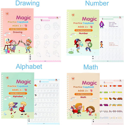 Sank Magic Reusable Tracing & Calligraphy Copybook Kit for Preschoolers (4 Books + Pen + 10 Refills)